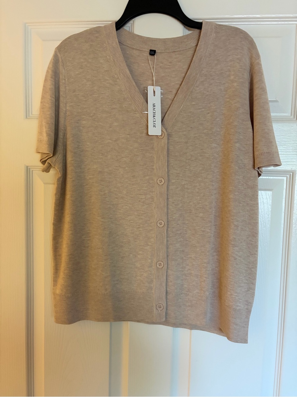 NIC+ZOE Short Sleeve Button Front Knit Top in Light Beige